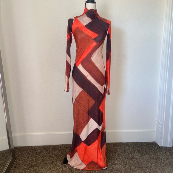 NWT Zara Orange and Brown Geometric Long Sleeve Dress XS - Picture 2 of 7